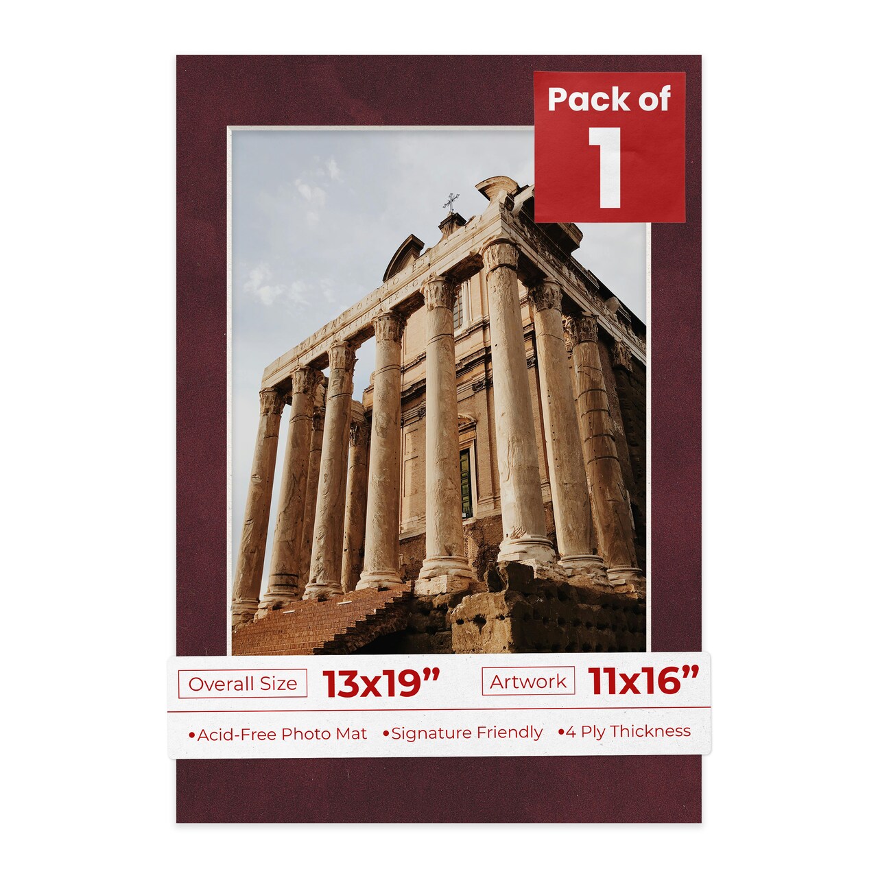 Dark Red Suede Mat Board for 13x19 Frames - Fits 11x16 Photos